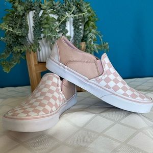 Vans pink and white checked slip ons.